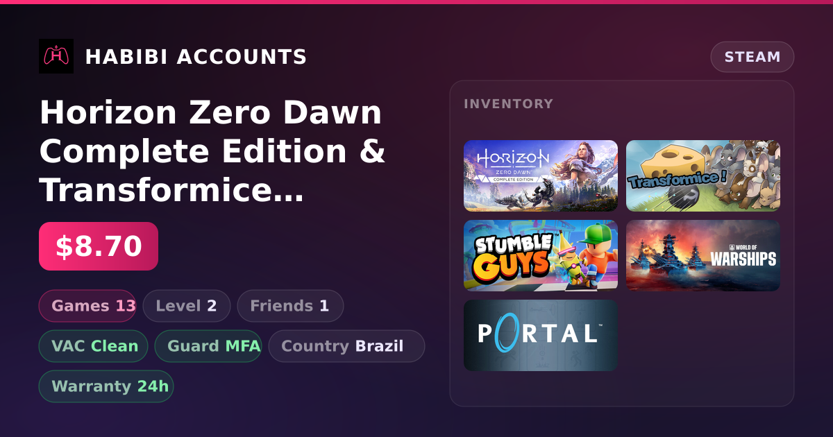 Horizon Zero Dawn Complete Edition & Transformice | 13 Games | Clean — HabibiAccounts