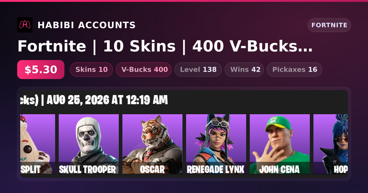 Fortnite | 10 Skins | 400 V-Bucks | Level 138 | 42 Wins — HabibiAccounts
