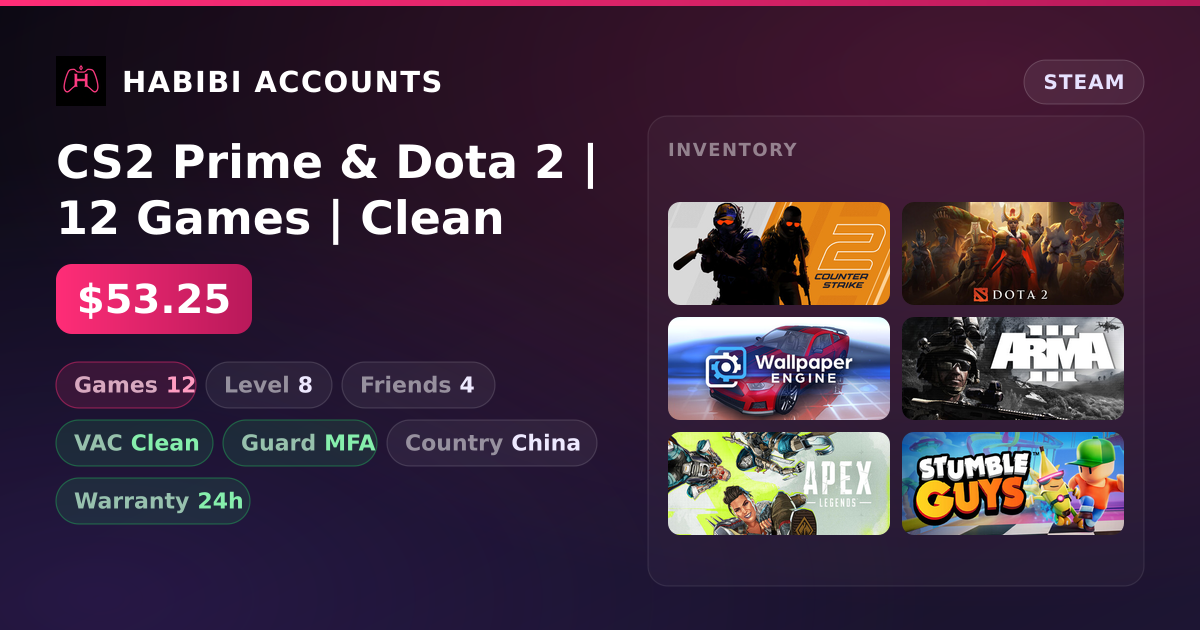 CS2 Prime & Dota 2 | 12 Games | Clean — HabibiAccounts