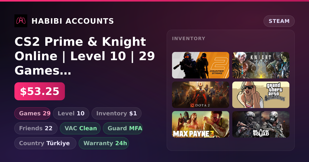 CS2 Prime & Knight Online | Level 10 | 29 Games | Clean — HabibiAccounts