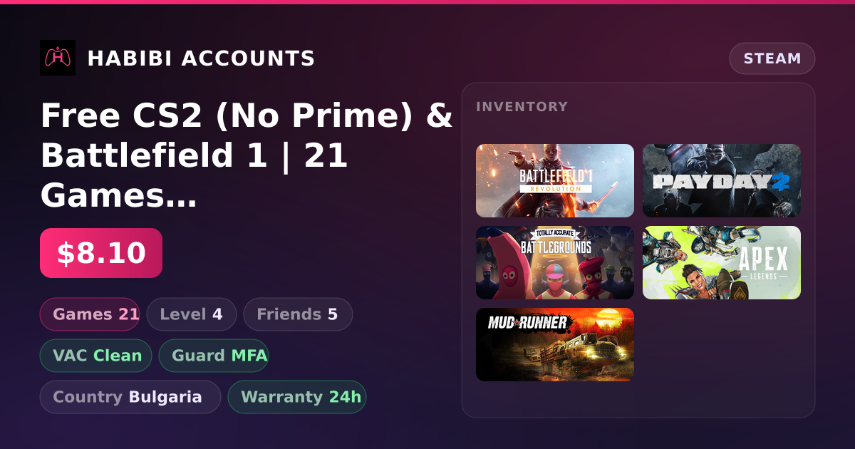 Free CS2 (No Prime) & Battlefield 1 | 21 Games | Clean — HabibiAccounts