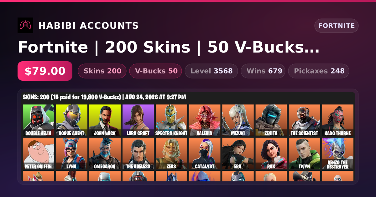 Fortnite | 200 Skins | 50 V-Bucks | Level 3568 | 679 Wins — HabibiAccounts