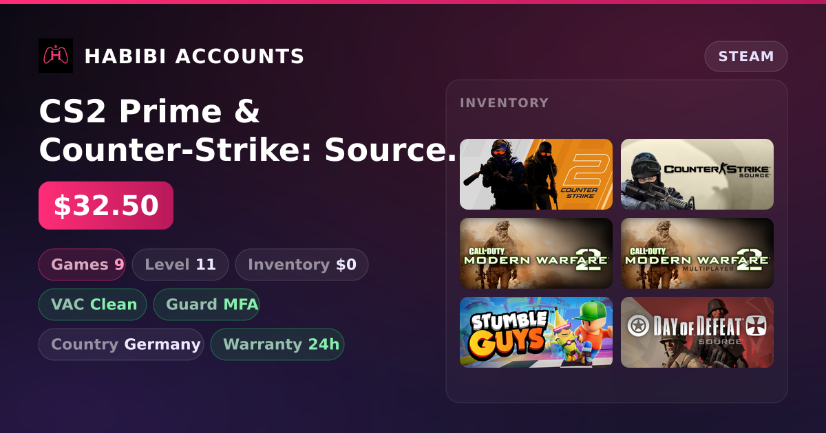 CS2 Prime & Counter-Strike: Source | Level 11 | Clean