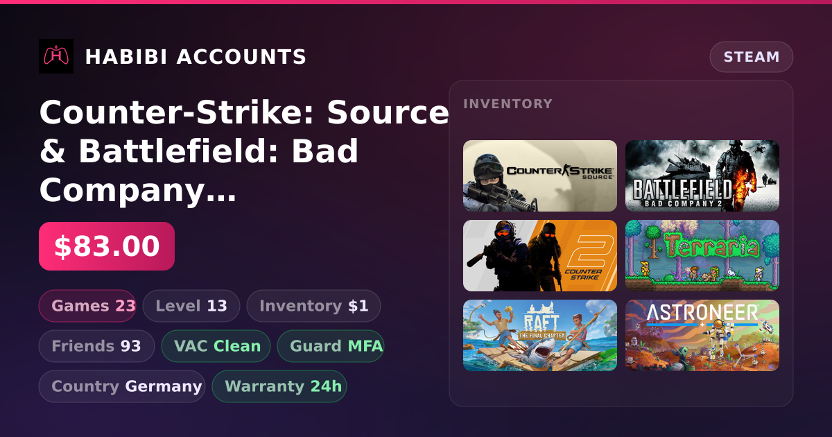 Counter-Strike: Source & Battlefield: Bad Company 2 | Level 13 | 23 Games | Clean — HabibiAccounts