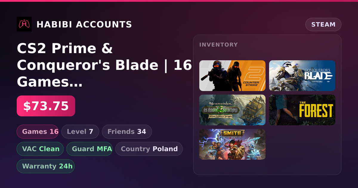 CS2 Prime & Conqueror's Blade | 16 Games | Clean — HabibiAccounts