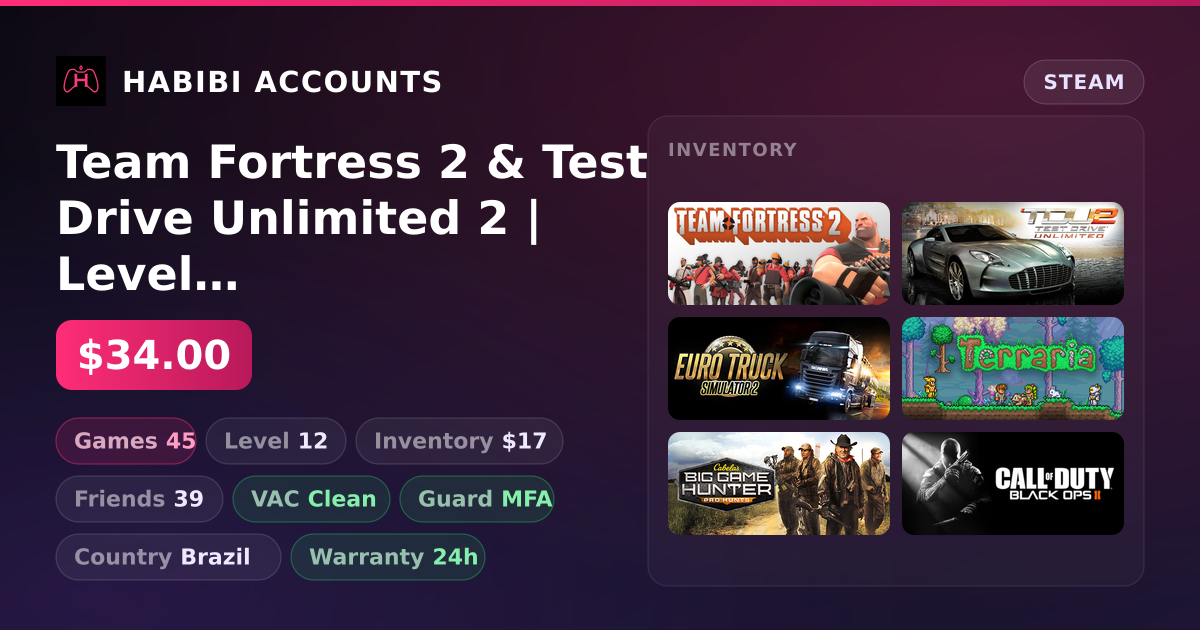 Team Fortress 2 & Test Drive Unlimited 2 | Level 12 | 45 Games | Clean — HabibiAccounts