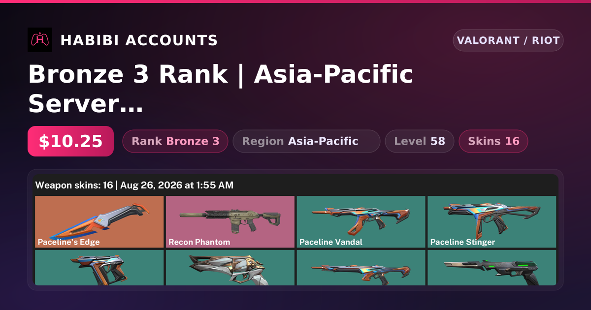 Bronze 3 Rank | Asia-Pacific Server | 16 Skins | 1 Knives | Level 58 — HabibiAccounts