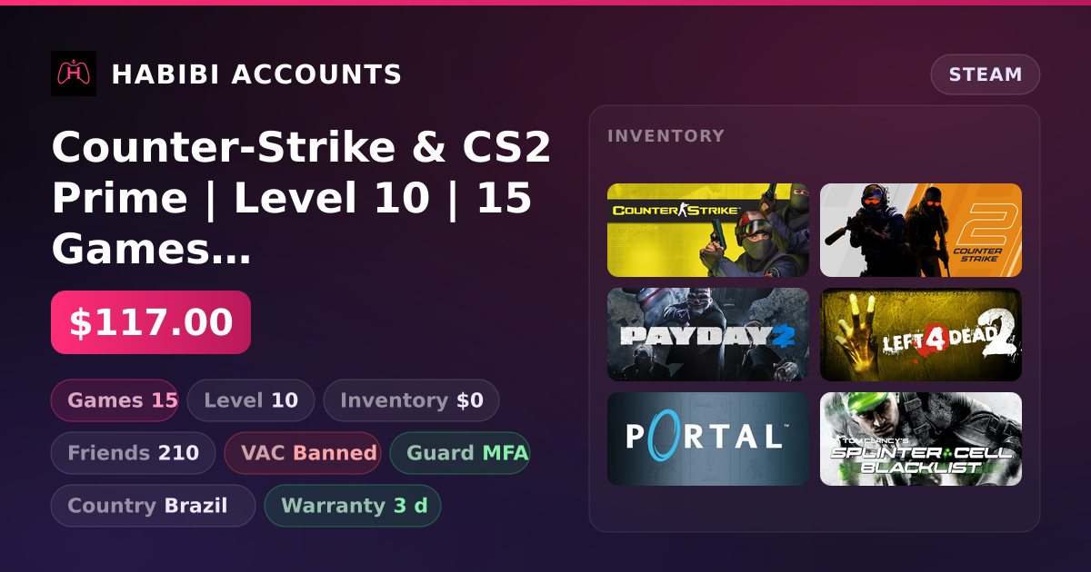 Counter-Strike & CS2 Prime | Level 10 | 15 Games | Has VAC — HabibiAccounts