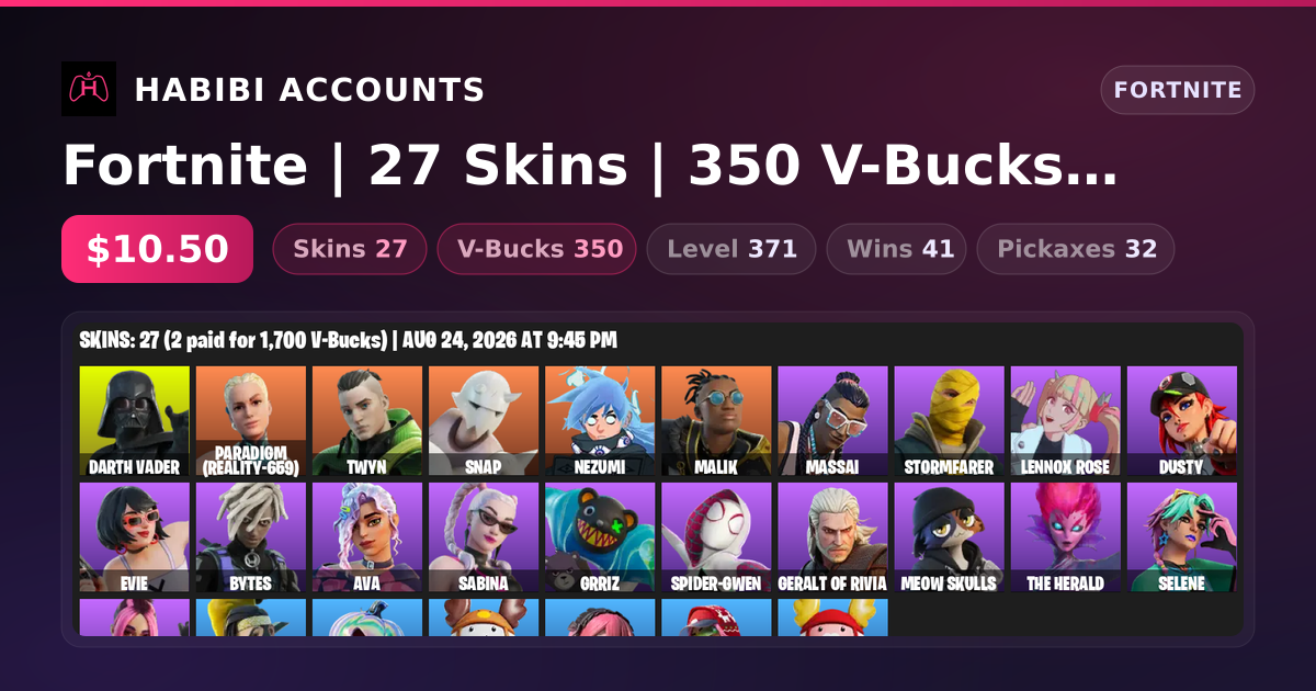 Fortnite | 27 Skins | 350 V-Bucks | Level 371 | 41 Wins — HabibiAccounts