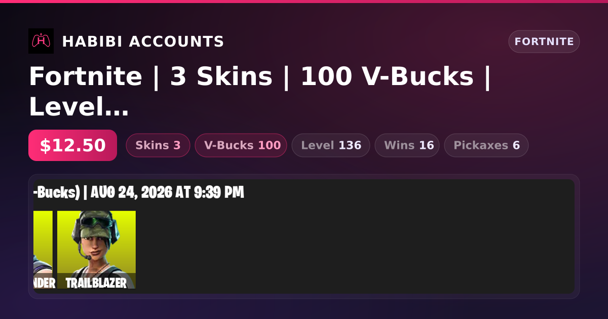 Fortnite | 3 Skins | 100 V-Bucks | Level 136 | 16 Wins — HabibiAccounts