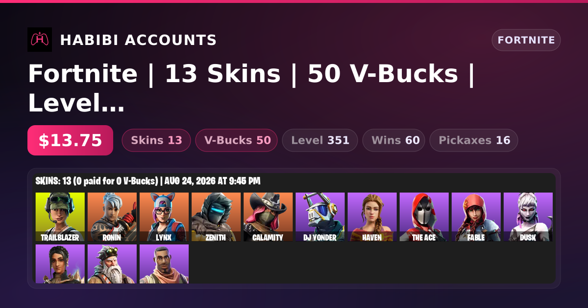Fortnite | 13 Skins | 50 V-Bucks | Level 351 | 60 Wins — HabibiAccounts