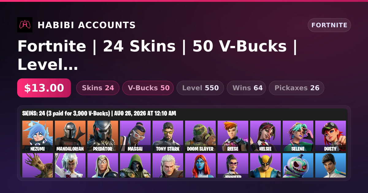 Fortnite | 24 Skins | 50 V-Bucks | Level 550 | 64 Wins — HabibiAccounts