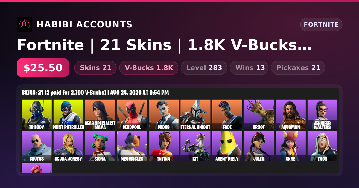 Fortnite | 21 Skins | 1.8K V-Bucks | Level 283 | 13 Wins — HabibiAccounts