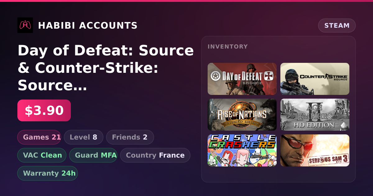 Day of Defeat: Source & Counter-Strike: Source | 21 Games | Clean — HabibiAccounts