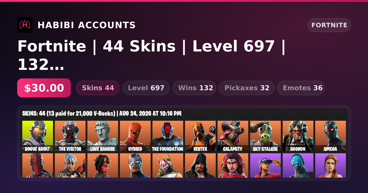 Fortnite | 44 Skins | Level 697 | 132 Wins — HabibiAccounts