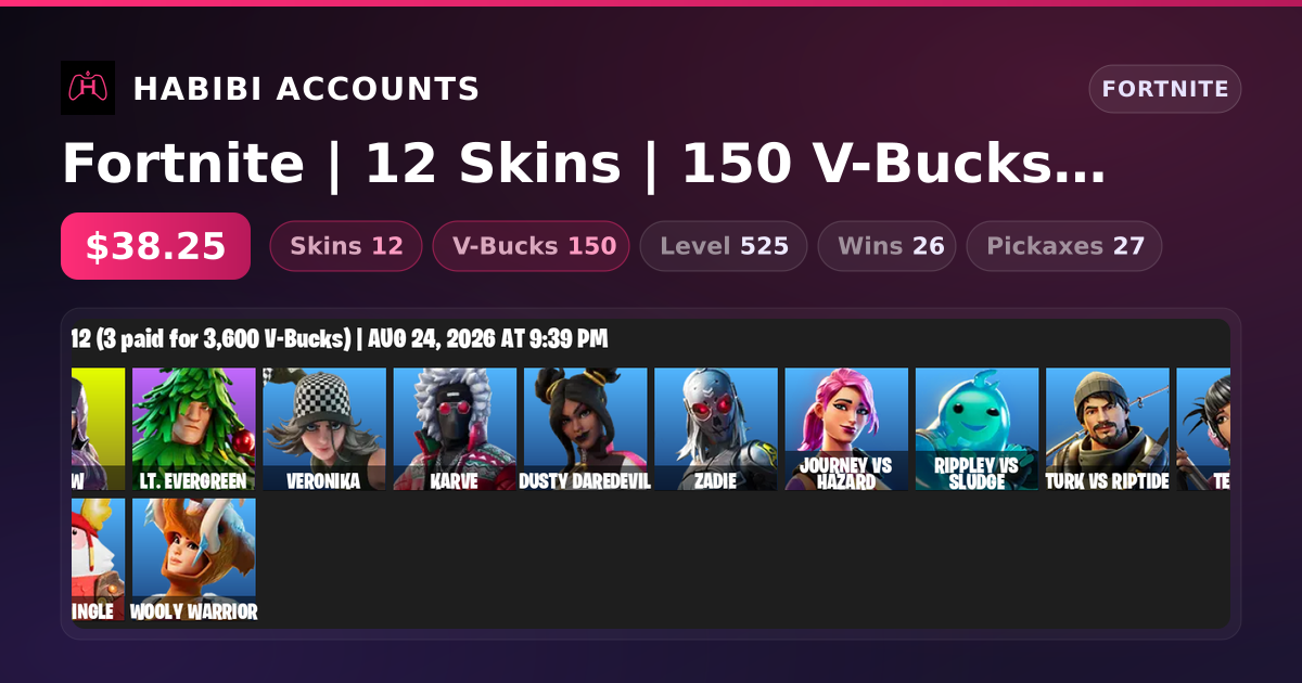 Fortnite | 12 Skins | 150 V-Bucks | Level 525 | 26 Wins — HabibiAccounts