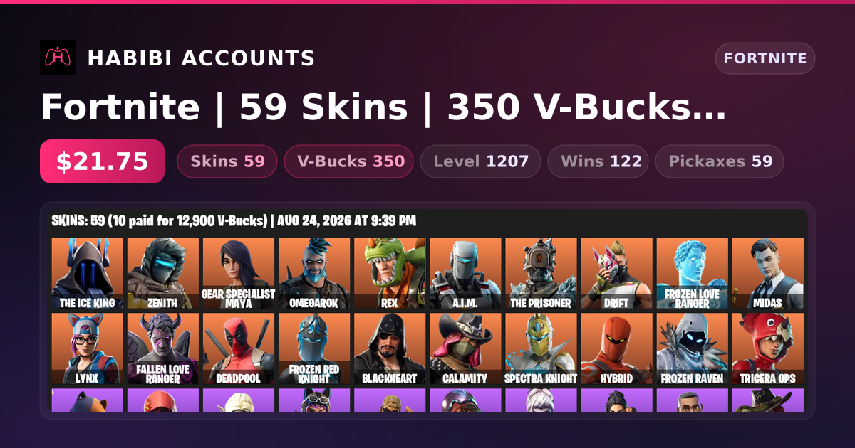 Fortnite | 59 Skins | 350 V-Bucks | Level 1207 | 122 Wins — HabibiAccounts