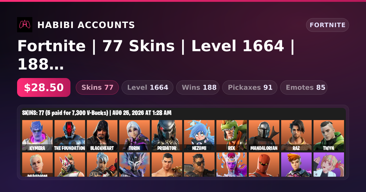 Fortnite | 77 Skins | Level 1664 | 188 Wins