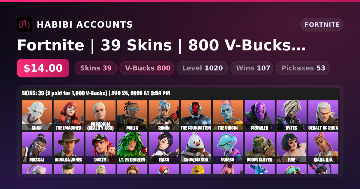 Fortnite | 39 Skins | 800 V-Bucks | Level 1020 | 107 Wins — HabibiAccounts
