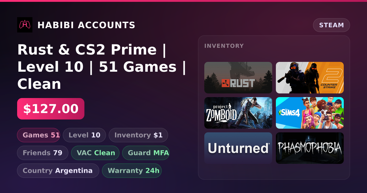 Rust & CS2 Prime | Level 10 | 51 Games | Clean — HabibiAccounts