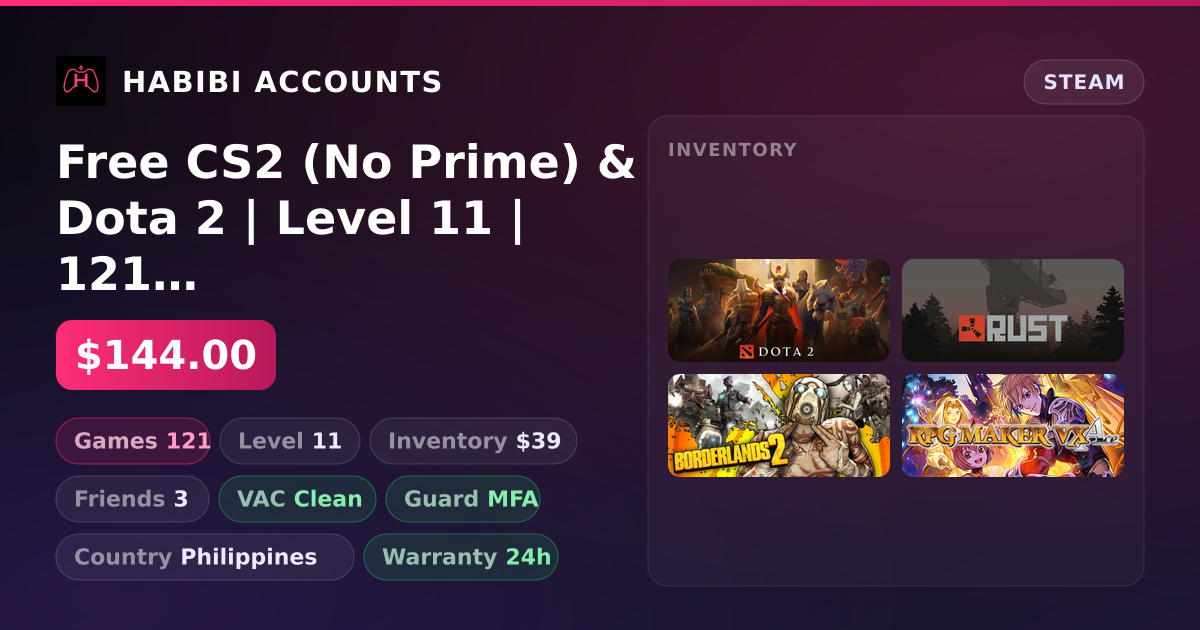 Free CS2 (No Prime) & Dota 2 | Level 11 | 121 Games | Clean — HabibiAccounts