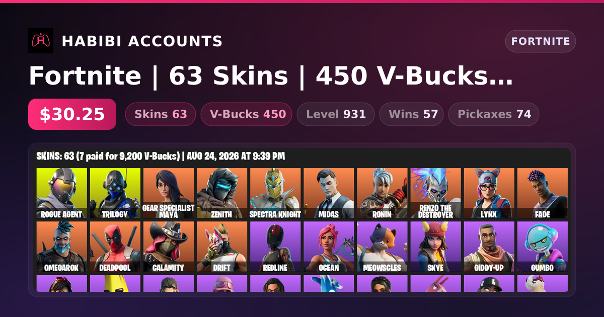 Fortnite | 63 Skins | 450 V-Bucks | Level 931 | 57 Wins — HabibiAccounts