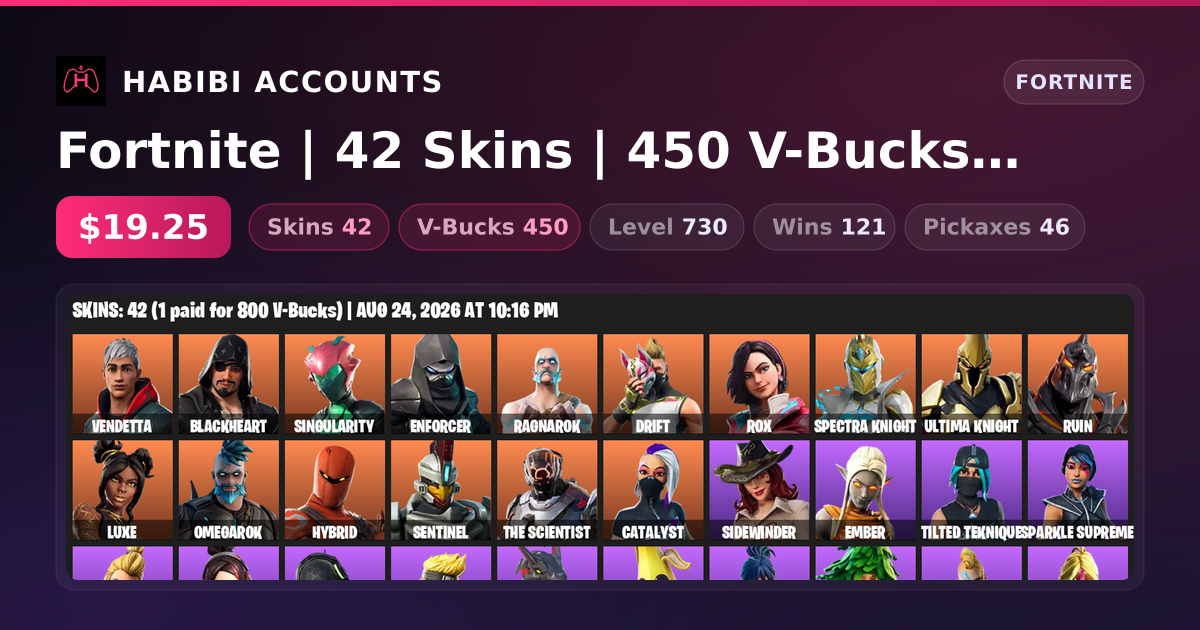 Fortnite | 42 Skins | 450 V-Bucks | Level 730 | 121 Wins — HabibiAccounts