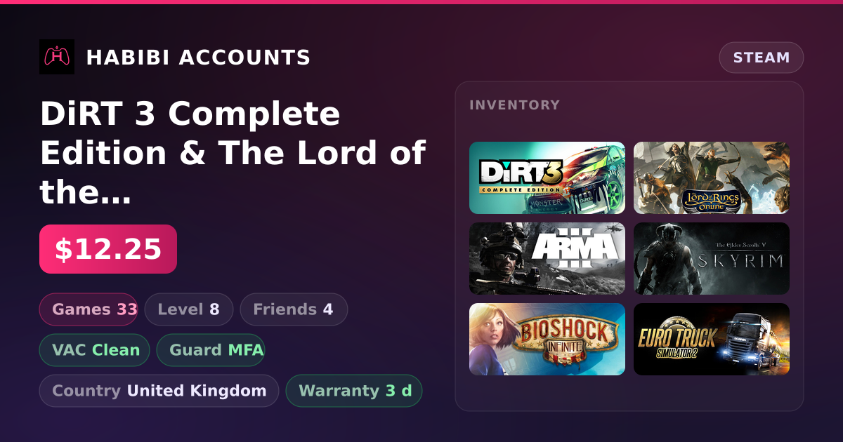 DiRT 3 Complete Edition & The Lord of the Rings Online | 33 Games | Clean — HabibiAccounts