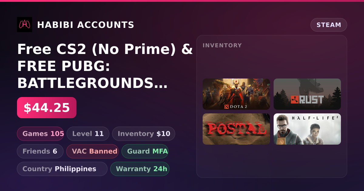 Free CS2 (No Prime) & FREE PUBG: BATTLEGROUNDS | Level 11 | 105 Games | Has VAC