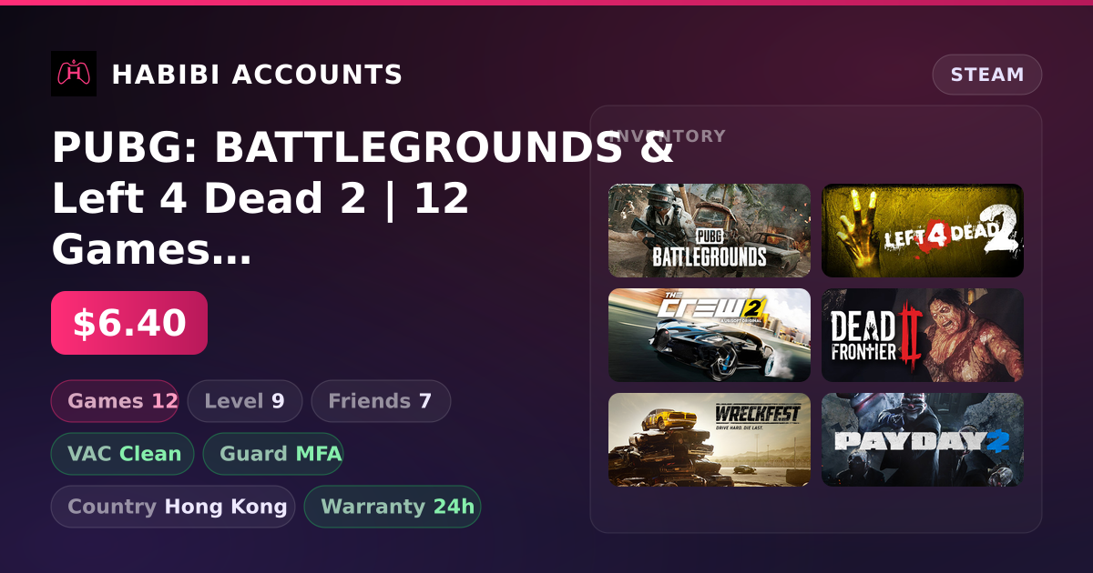 PUBG: BATTLEGROUNDS & Left 4 Dead 2 | 12 Games | Clean — HabibiAccounts