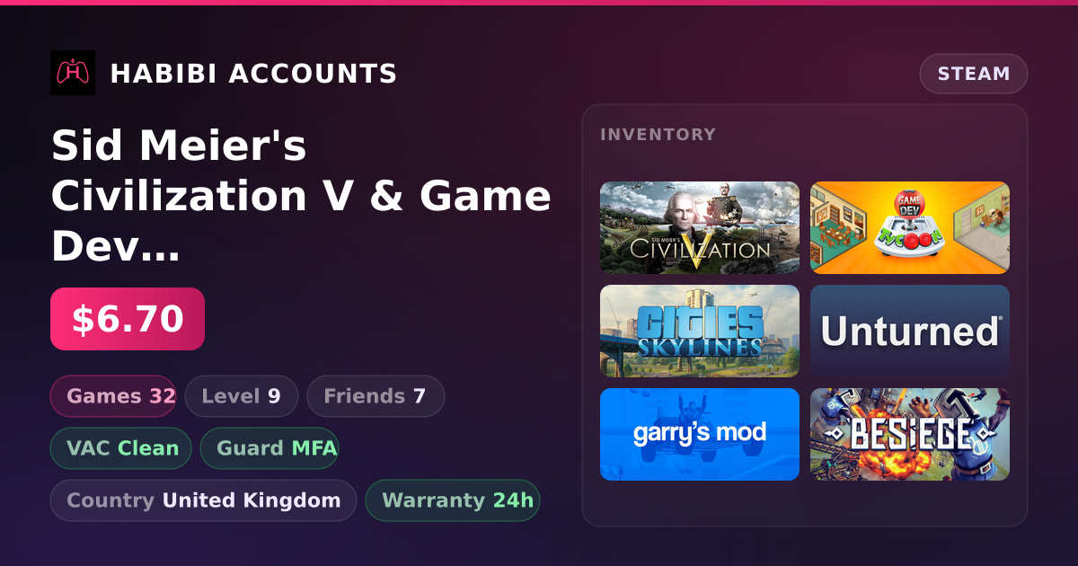 Sid Meier's Civilization V & Game Dev Tycoon | 32 Games | Clean — HabibiAccounts