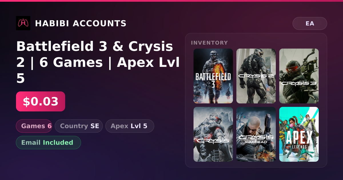 Battlefield 3 & Crysis 2 | 6 Games | Apex Lvl 5 — HabibiAccounts