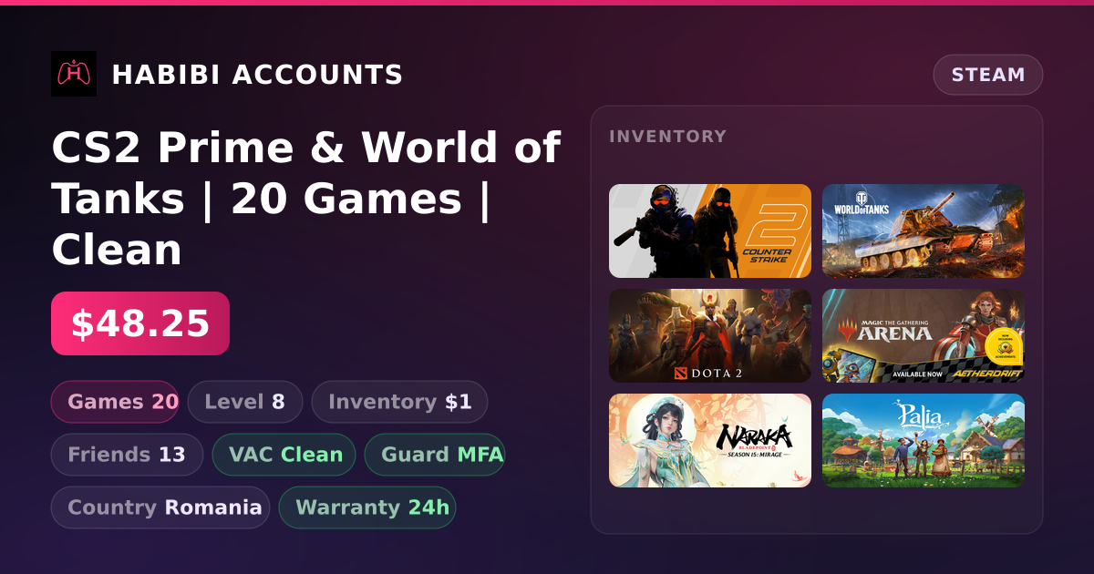 CS2 Prime & World of Tanks | 20 Games | Clean — HabibiAccounts