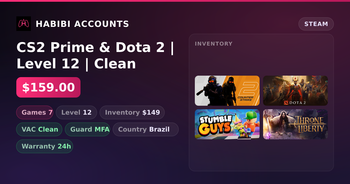 CS2 Prime & Dota 2 | Level 12 | Clean — HabibiAccounts