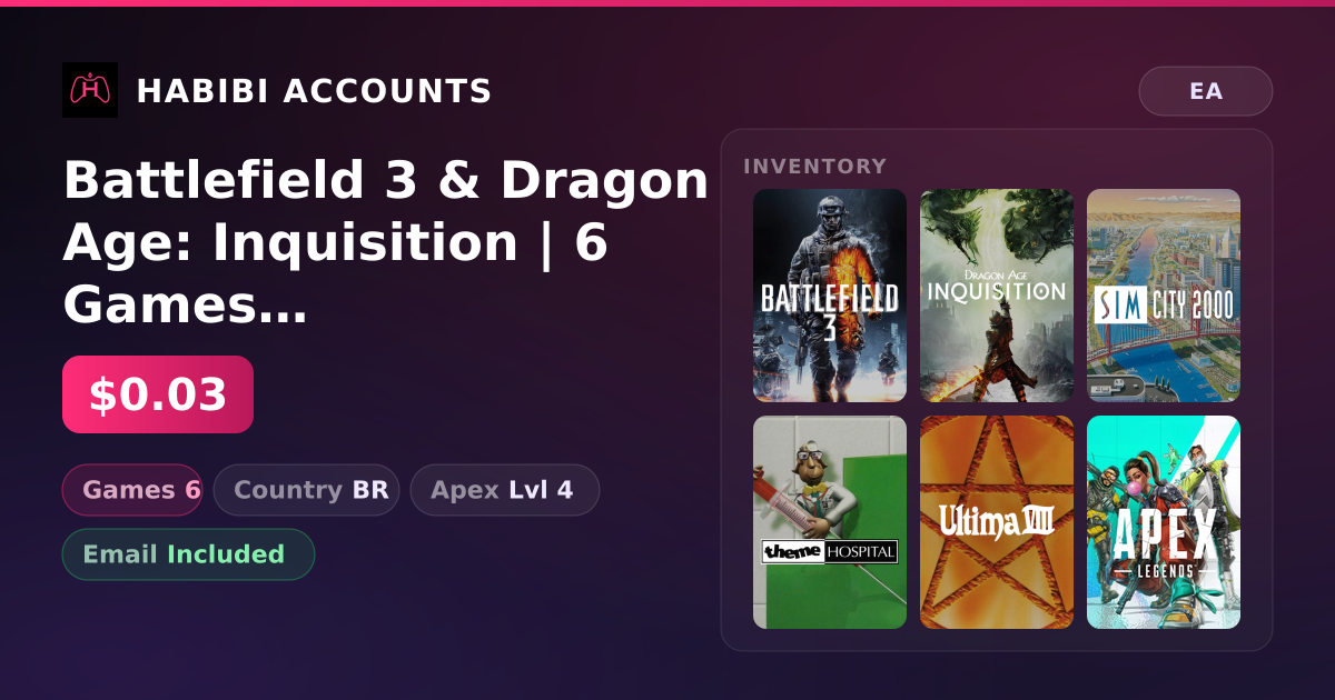 Battlefield 3 & Dragon Age: Inquisition | 6 Games | Apex Lvl 4 — HabibiAccounts