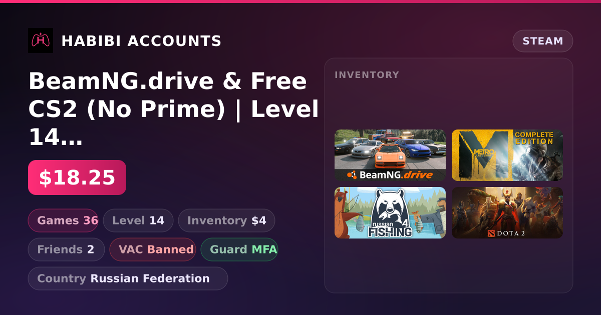 BeamNG.drive & Free CS2 (No Prime) | Level 14 | 36 Games | Has VAC — HabibiAccounts