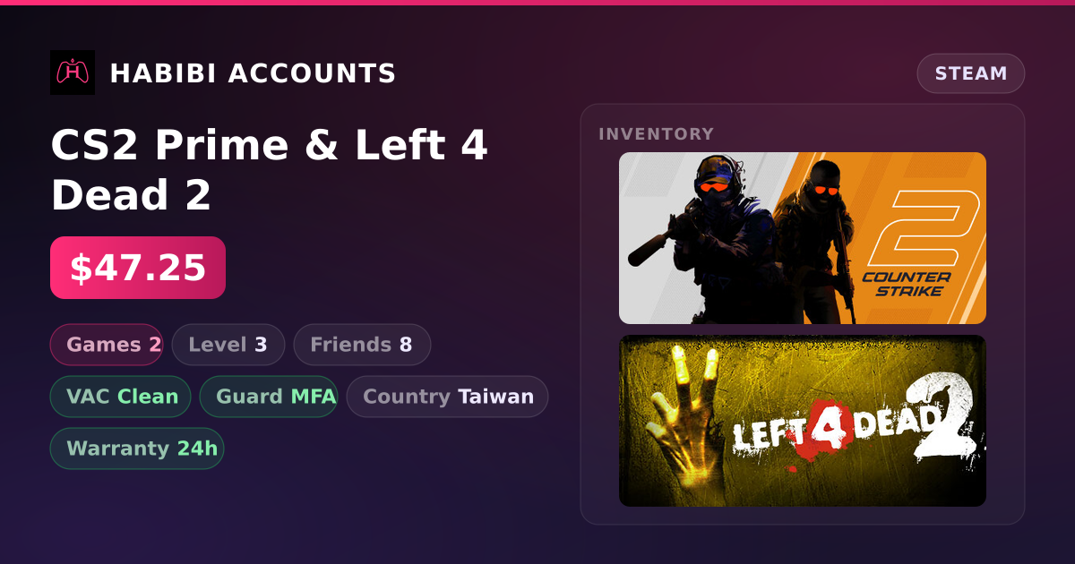 CS2 Prime & Left 4 Dead 2 — HabibiAccounts