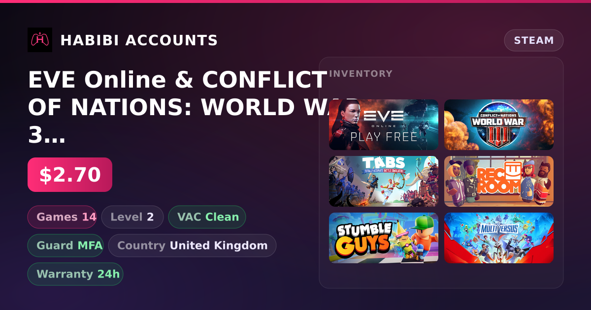 EVE Online & CONFLICT OF NATIONS: WORLD WAR 3 | 14 Games | Clean — HabibiAccounts