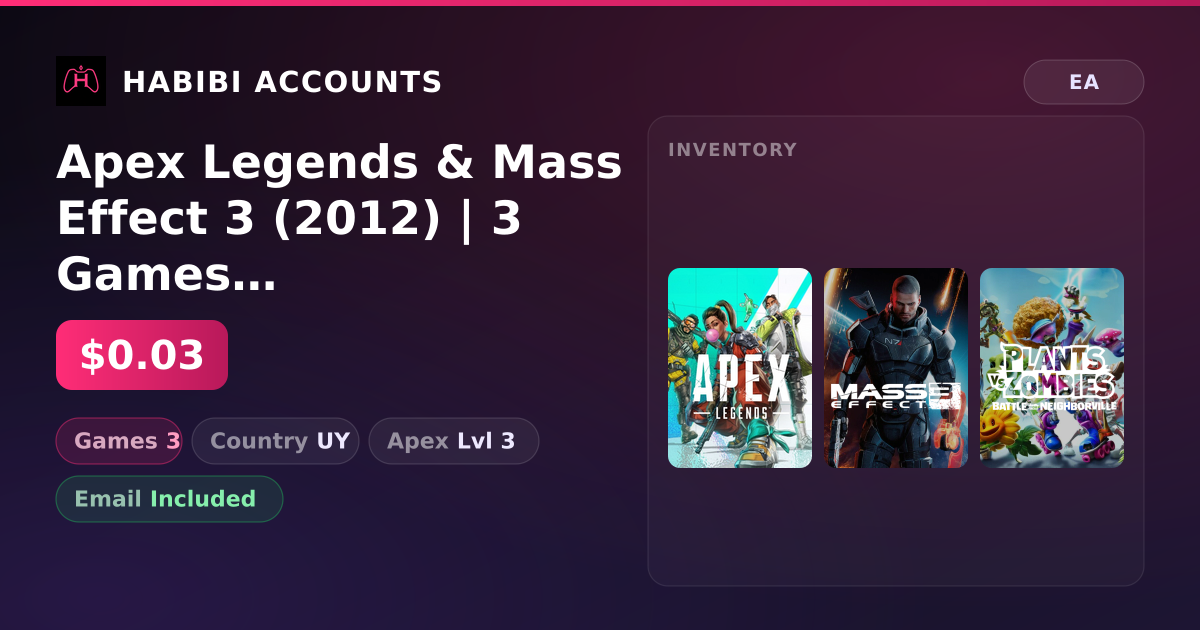 Apex Legends & Mass Effect 3 (2012) | 3 Games | Apex Lvl 3 — HabibiAccounts