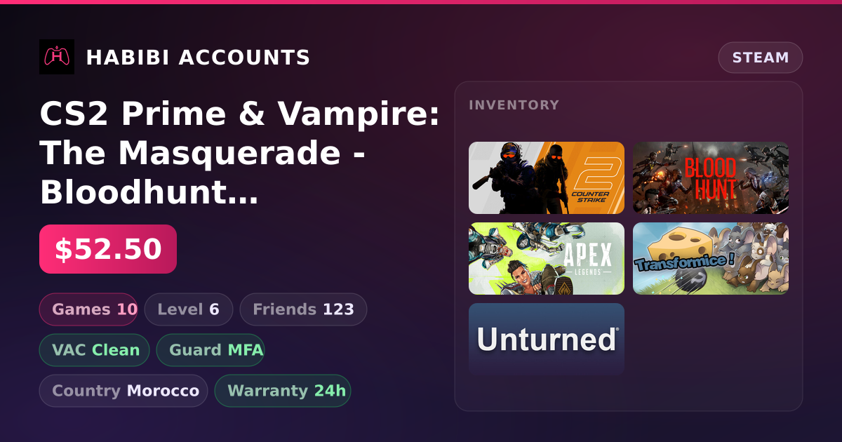 CS2 Prime & Vampire: The Masquerade - Bloodhunt | 10 Games | Clean