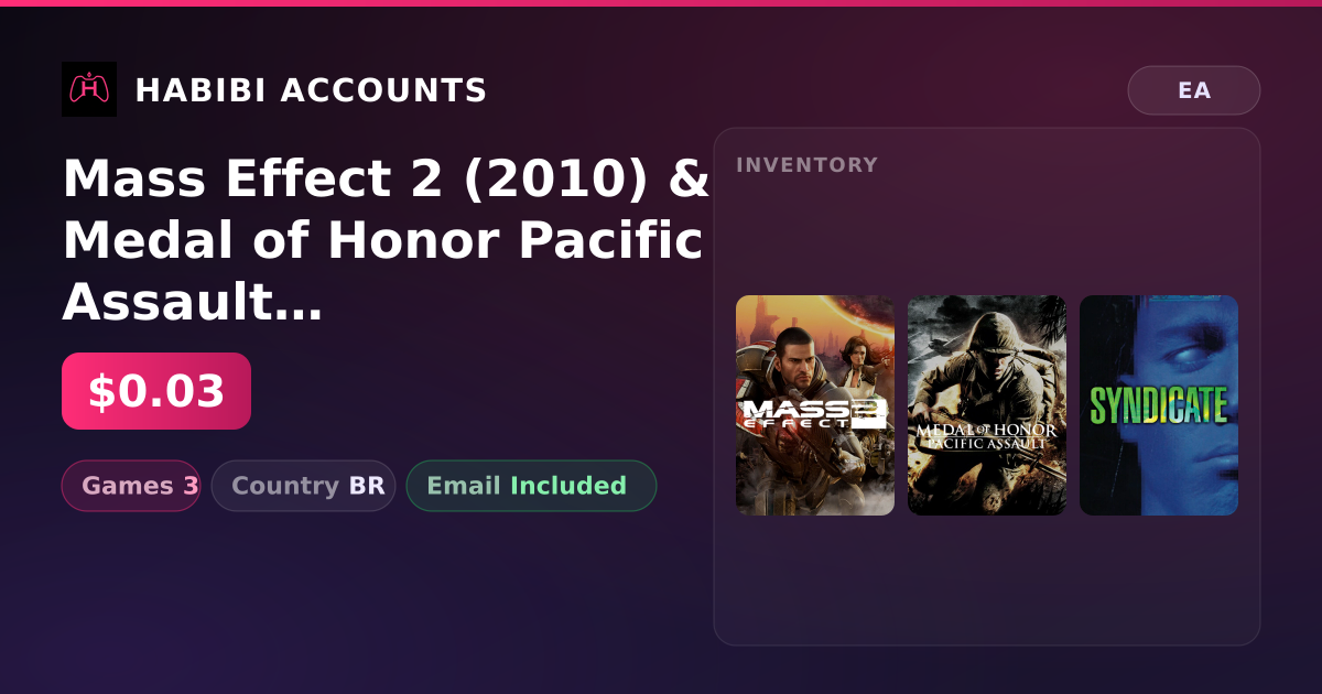 Mass Effect 2 (2010) & Medal of Honor Pacific Assault | 3 Games — HabibiAccounts