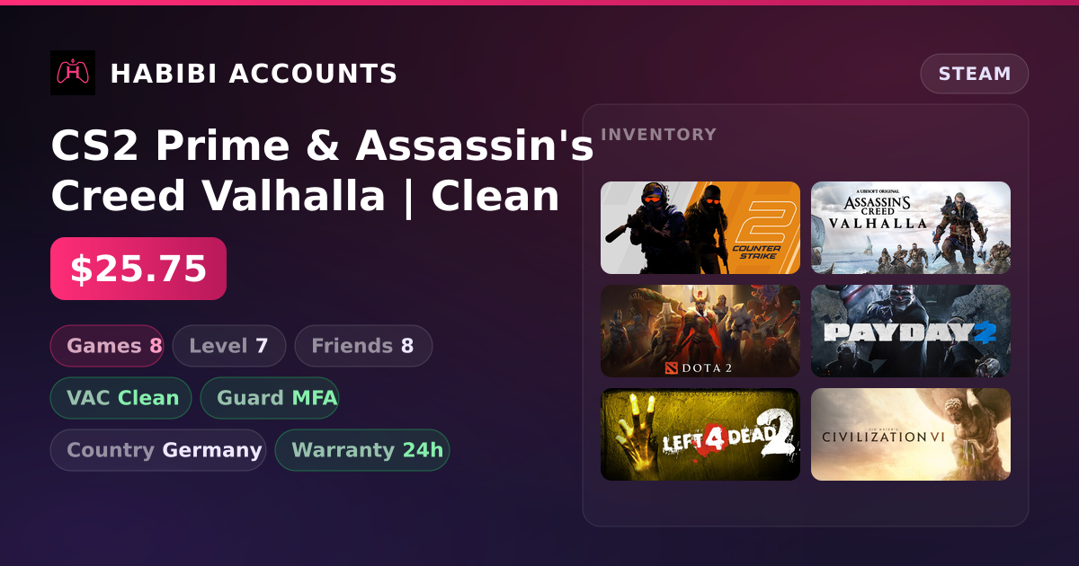 CS2 Prime & Assassin's Creed Valhalla | Clean — HabibiAccounts