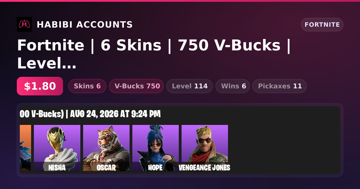 Fortnite | 6 Skins | 750 V-Bucks | Level 114 | 6 Wins — HabibiAccounts