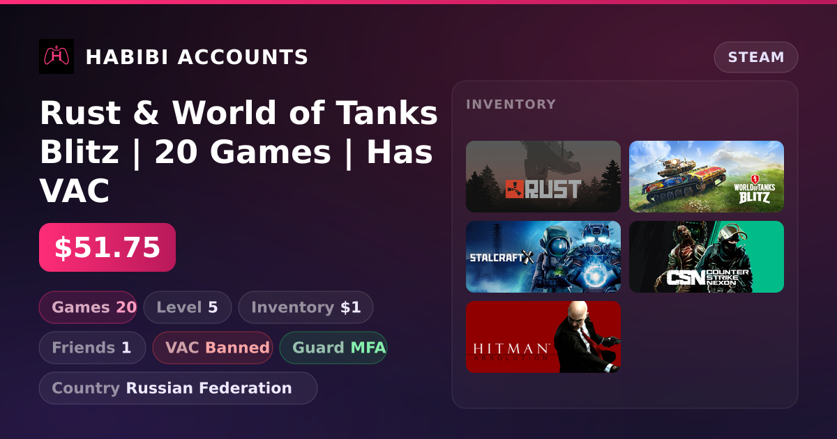 Rust & World of Tanks Blitz | 20 Games | Has VAC — HabibiAccounts