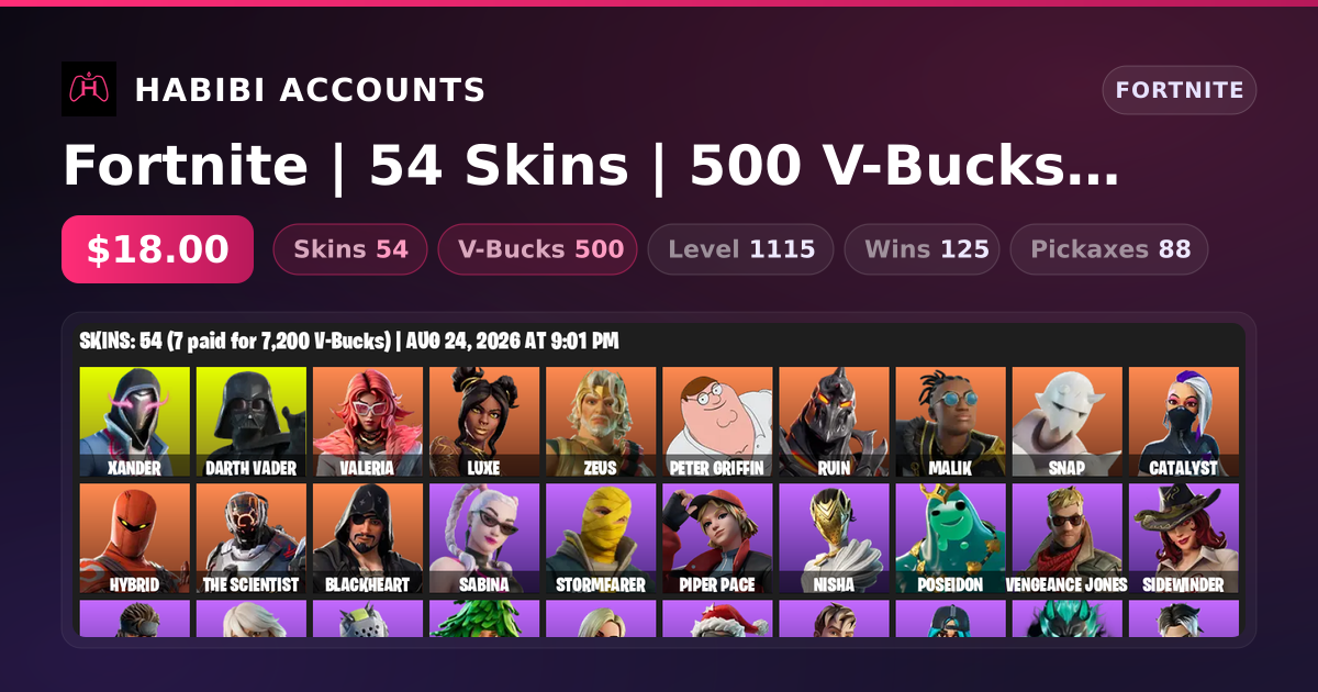 Fortnite | 54 Skins | 500 V-Bucks | Level 1115 | 125 Wins — HabibiAccounts