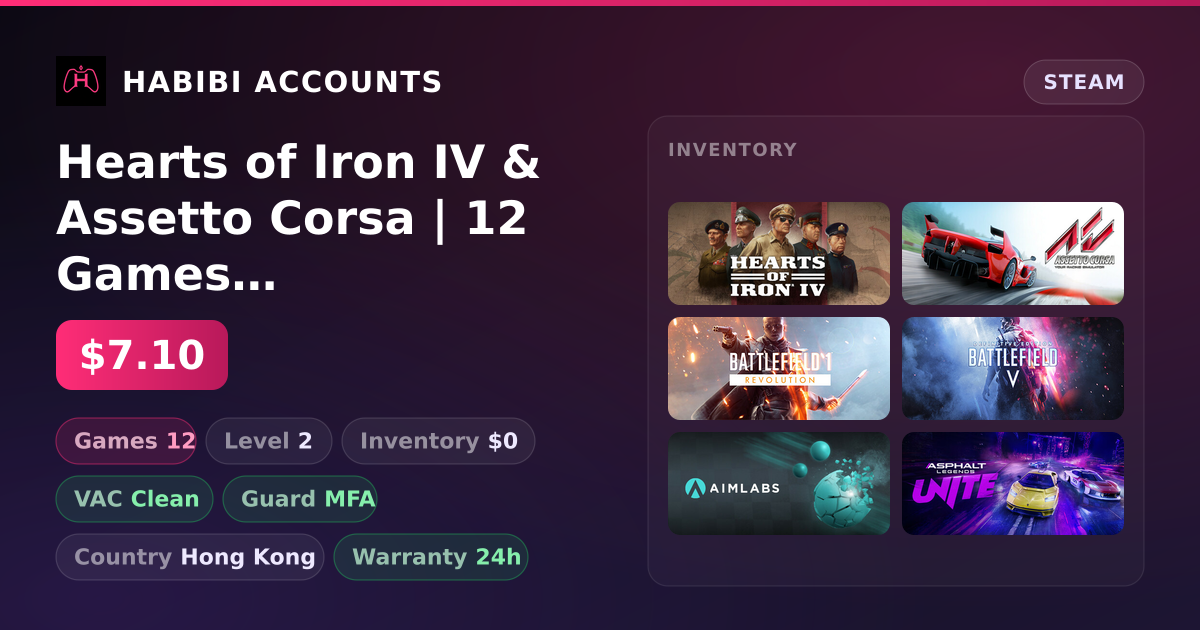 Hearts of Iron IV & Assetto Corsa | 12 Games | Clean — HabibiAccounts