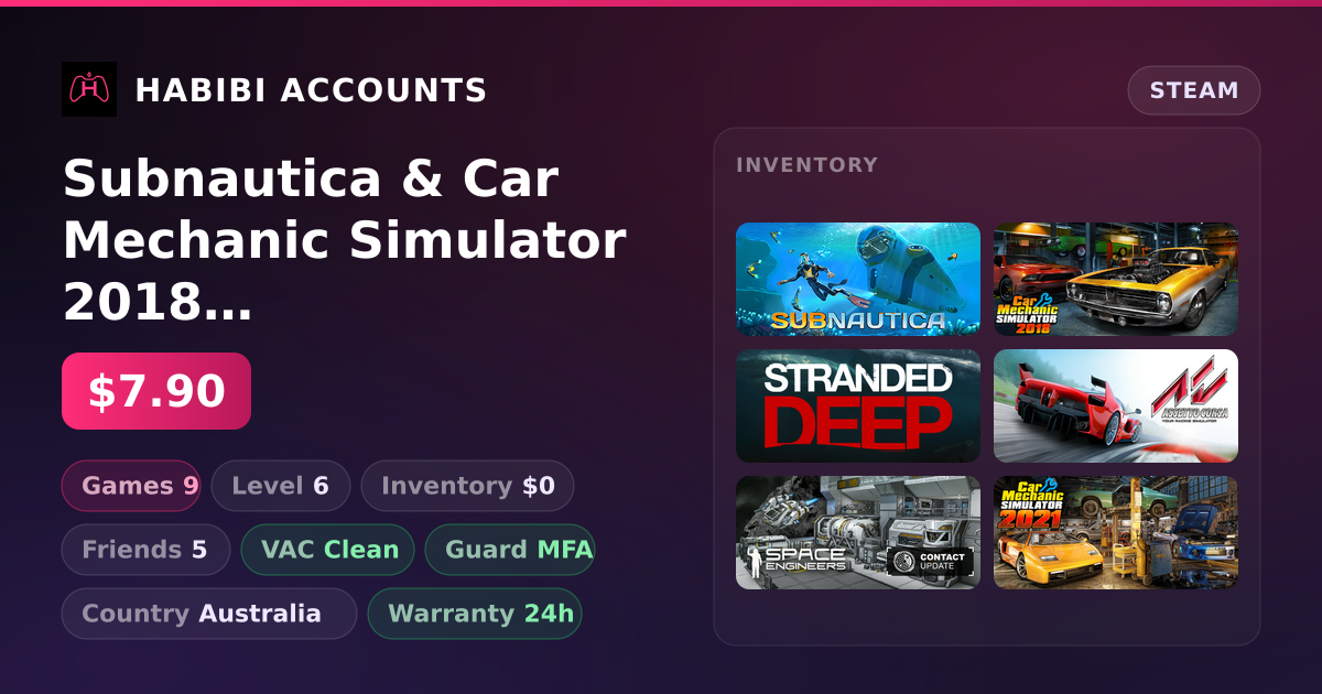 Subnautica & Car Mechanic Simulator 2018 | Clean — HabibiAccounts