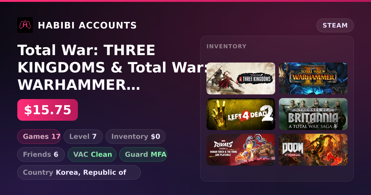 Total War: THREE KINGDOMS & Total War: WARHAMMER II | 17 Games | Clean