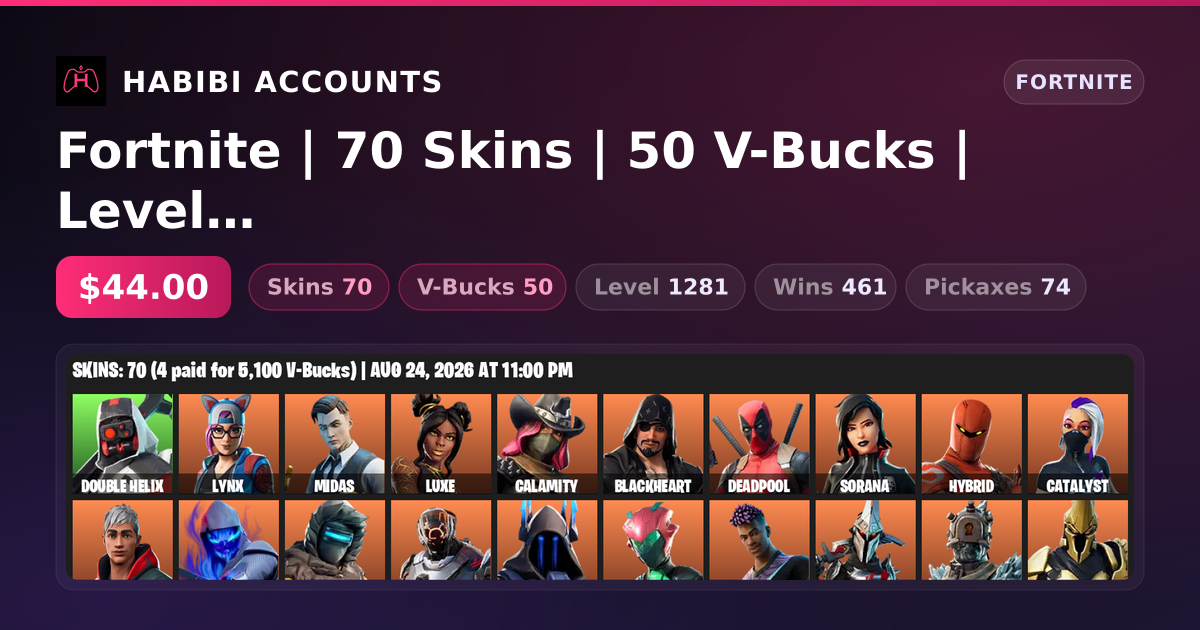 Fortnite | 70 Skins | 50 V-Bucks | Level 1281 | 461 Wins — HabibiAccounts
