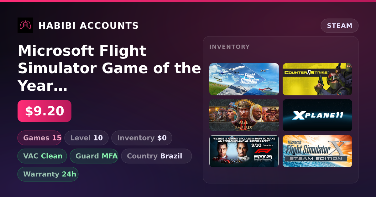 Microsoft Flight Simulator Game of the Year Edition & Counter-Strike | Level 10 | 15 Games | Clean